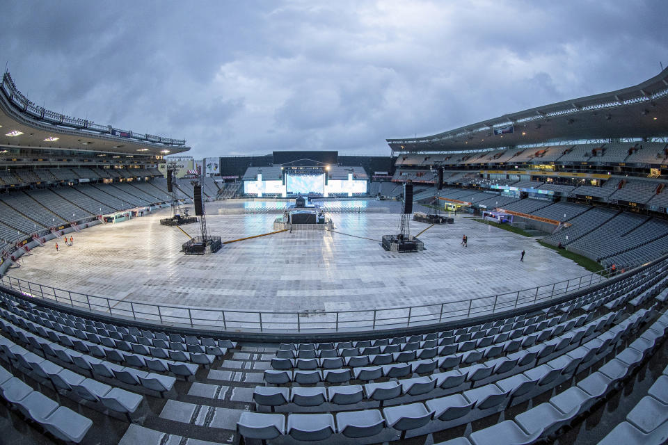 A deserted arena and stage before SIX60 undertake a sound check at Eden Park ahead of their concert in Auckland, New Zealand, Friday April 23, 2021. New Zealand band Six60 is being billed as the biggest live act in the world since the coronavirus pandemic struck after New Zealand stamped out the spread of the virus, allowing life to return to normal. On Saturday, the band will play a remarkable finale to their latest tour, performing in front of 50,000 people at the first-ever concert at Auckland’s Eden Park. (AP Photo/David Rowland)
