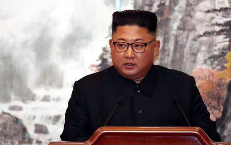 FILE PHOTO: North Korean leader Kim Jong Un speaks during a joint news conference in Pyongyang, North Korea, September 19, 2018. Pyeongyang Press Corps/Pool via REUTERS