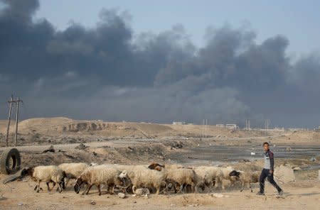 A man walks with ships near Qayyara, south of Mosul, Iraq October 27, 2016.  REUTERS/Goran Tomasevic