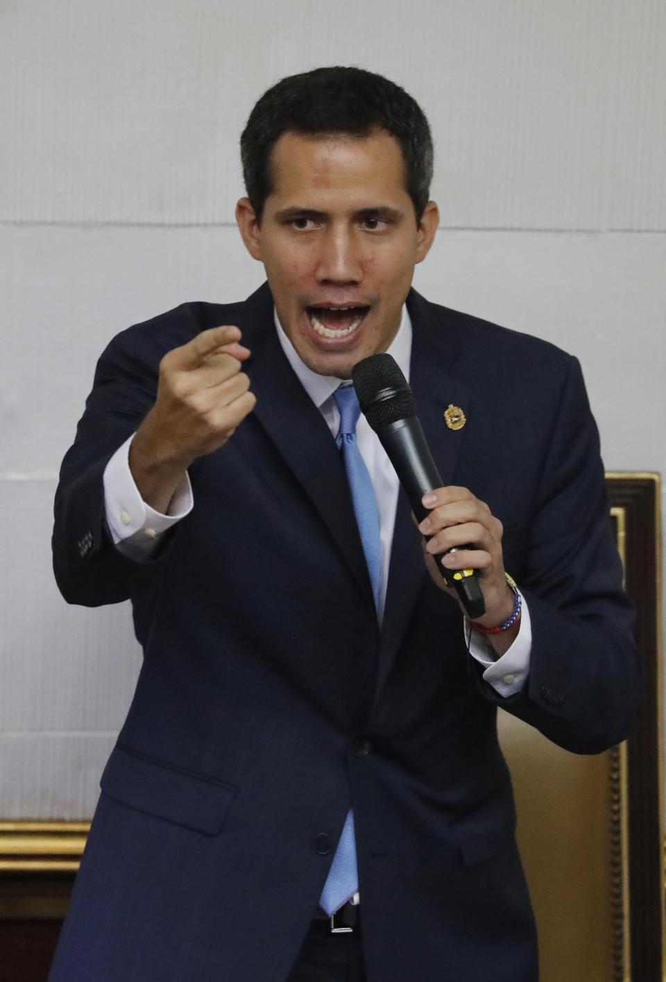 Venezuelan opposition leader and self-proclaimed interim president of Venezuela Juan Guaido speaks during a weekly session at the National Assembly in Caracas, Venezuela, Tuesday, Sept. 17, 2019. Venezuela’s opposition-led congress has again thrown its support behind Guaidó, saying he’ll serve as the crisis-wracked nation’s interim president until they’ve ended Nicolás Maduro’s grip on power. (AP Photo/Ariana Cubillos)