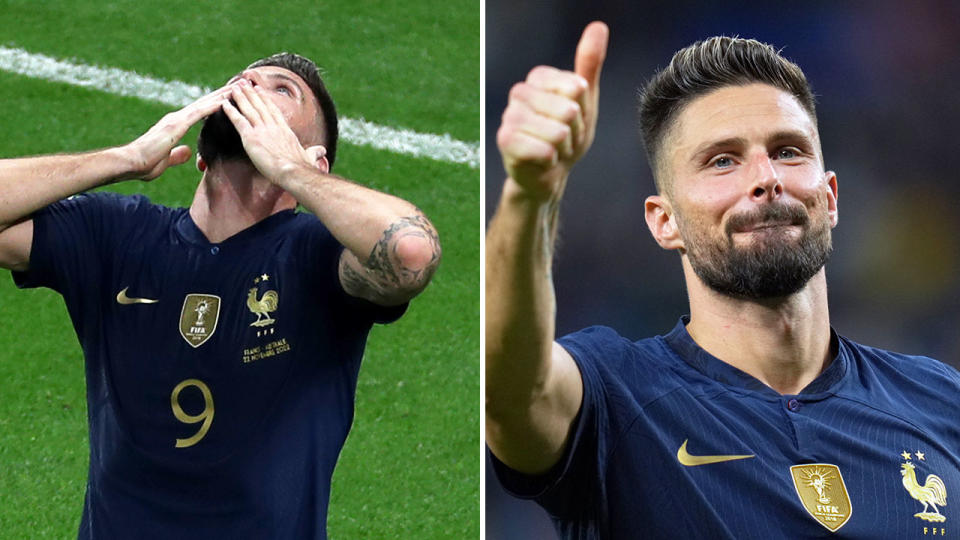Seen here, France striker Olivier Giroud salutes fans after brace against the Socceroos at the World Cup.