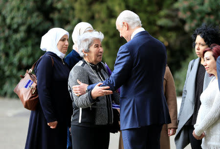 United Nations mediator for Syria Staffan de Mistura meets a group of women whose family members have either been detained by Syrian authorities or abducted by armed groups, or simply missing, outside the United Nations office in Geneva during the Geneva IV conference on Syria, Switzerland, February 23, 2017. REUTERS/Pierre Albouy