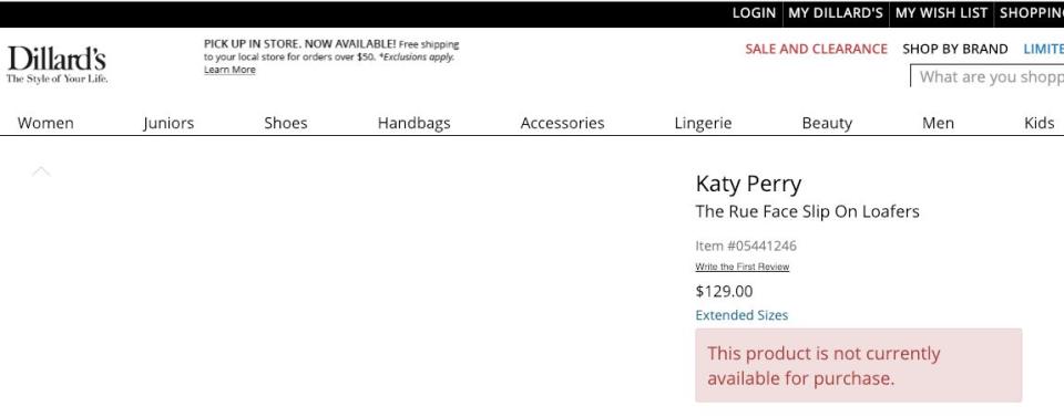 How the page for Katy Perry&rsquo;s &ldquo;Rue Face Slip On Loafers&rdquo; looked at one point on Dillard&rsquo;s website Monday afternoon. (Photo: Screengrab from Dillard's retail website.)