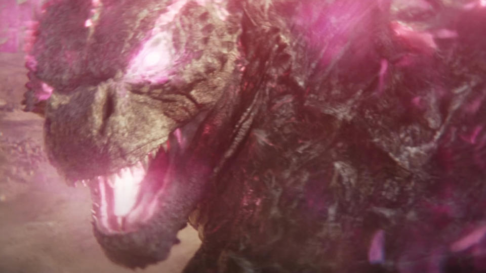 Pink Godzilla glowing with an angry face in Godzilla x Kong: The New Empire.