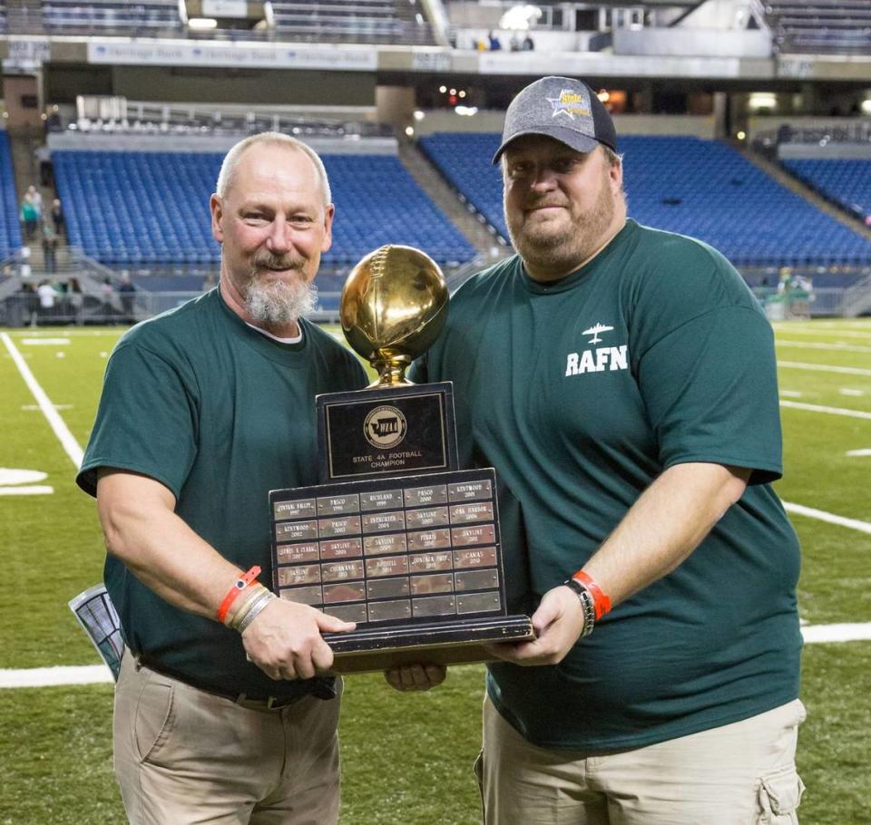 Josh Jelinek, right, was announced Thursday as the 13th head football coach in Richland High School’s history. At left is Mike Neidhold, who retired as head football coach after the 2023 season.