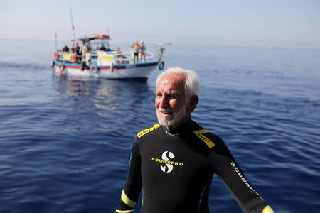 Ray Woolley, pioneer diver and World War 2 veteran, is seen before breaking a new diving record as he turns 95 by taking the plunge at the Zenobia, a cargo ship wreck off the Cypriot town of Larnaca, Cyprus September 1, 2018. REUTERS/Yiannis Kourtoglou