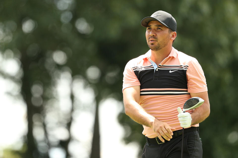 CROMWELL, CONNECTICUT - JUNE 26: Jason Day of Australia reacts to his shot from the 18th tee during the second round of the Travelers Championship at TPC River Highlands on June 26, 2020 in Cromwell, Connecticut. (Photo by Maddie Meyer/Getty Images)