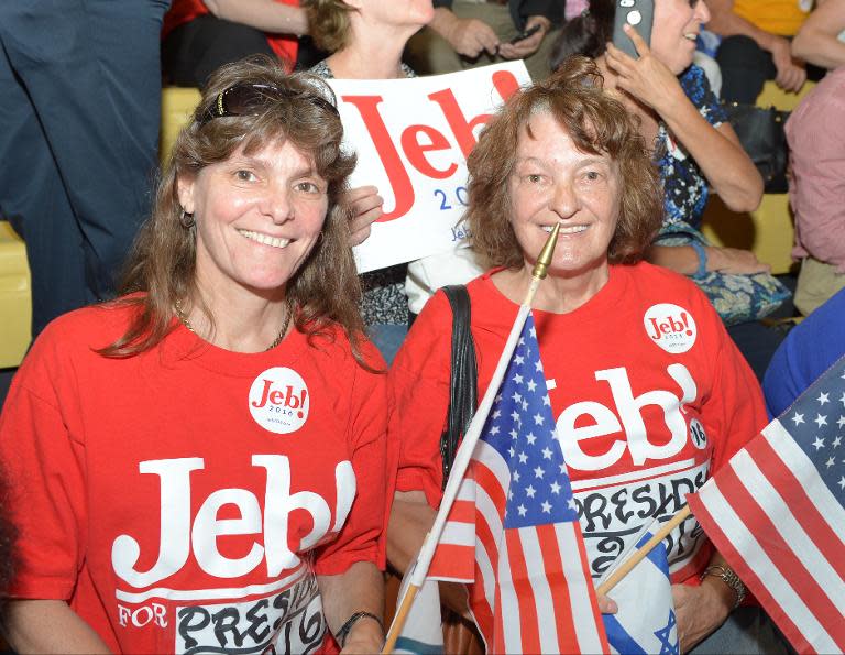 Supporters attend an event to hear former Republican Governor of Florida Jeb Bush's announcement of his candidacy for the 2016 Presidential elections at Miami Dade College on June 15, 2015