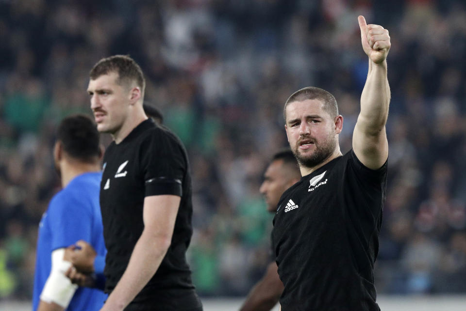 New Zealand's Dane Coles gestures to the crowd following the Rugby World Cup quarterfinal match at Tokyo Stadium between New Zealand and Ireland in Tokyo, Japan, Saturday, Oct. 19, 2019. (AP Photo/Mark Baker)