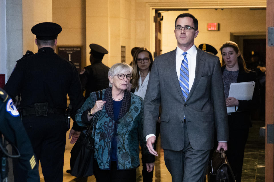 Tim Morrison, a former official at the National Security Council, arrives to testify before the House Intelligence Committee on Capitol Hill in Washington, Tuesday, Nov. 19, 2019, during a public impeachment hearing of President Donald Trump's efforts to tie U.S. aid for Ukraine to investigations of his political opponents. (AP Photo/Manuel Balce Ceneta)