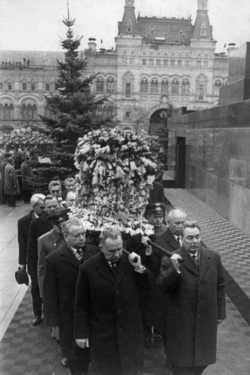 Top Soviet officials, including Leonid Brezhnev (R), carry Yury Gagarin's coffin at his funeral in Moscow