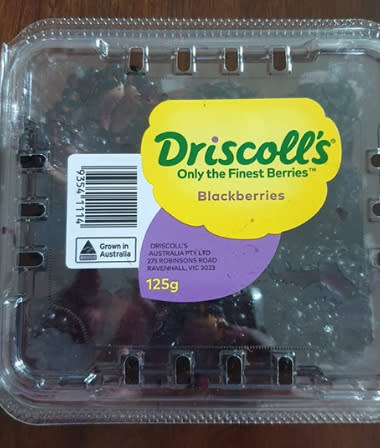 Pictured is the Driscoll's packet of berries purchased at Coles. Source: Facebook 