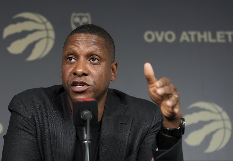 Toronto Raptors NBA basketball team President Masai Ujiri speaks to the media regarding the recent trades in Toronto, Thursday, Jan. 18, 2024. (Nathan Denette/The Canadian Press via AP)