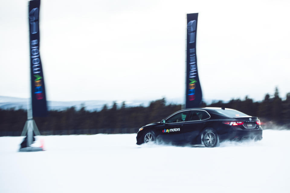 Toyota Camry testing winter tires on frozen lake