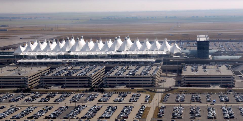 An aerial view of Denver International Airport.