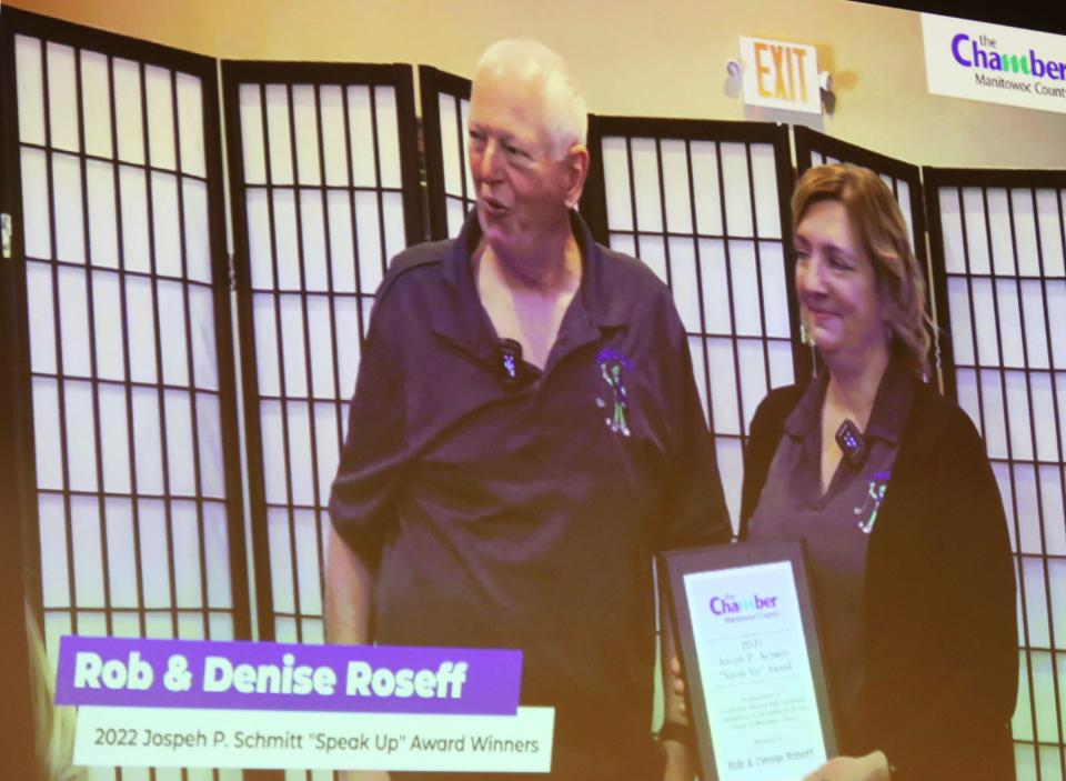 Rob and Denise Roseff were named the 2022 Joseph P. Schmitt "Speak Up" award winners at the Manitowoc County Chamber Awards of Distinction, Thursday, March 3, 2022, in Manitowoc, Wis. The Roseffs were not at the ceremony but gave their comments via a video.