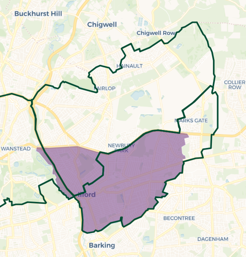 Ilford South constituency map. Purple shaded area: Current constituency boundary. Green outlines new constituency boundaries (© OpenStreetMap contributors | © CARTO)
