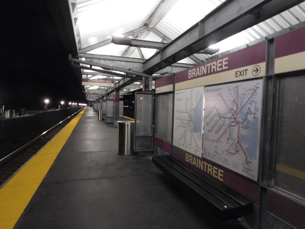 The Braintree MBTA station as seen at night.