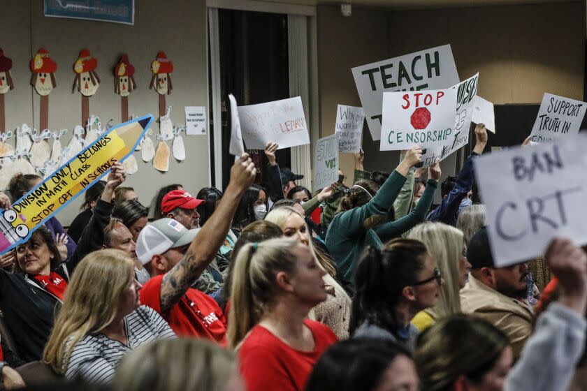 Yorba Linda, CA, Tuesday, November 16, 2021 - An even mix of proponents and opponents to teaching Critical Race Theory are in attendance as the Placentia Yorba Linda School Board discusses a proposed resolution to ban it from being taught in schools. Robert Gauthier/Los Angeles Times)