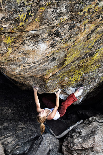 Mina crushing <em>Tommy’s Arete</em> (V7), Rocky Mountain National Park, CO. Photo: Dave Mason.