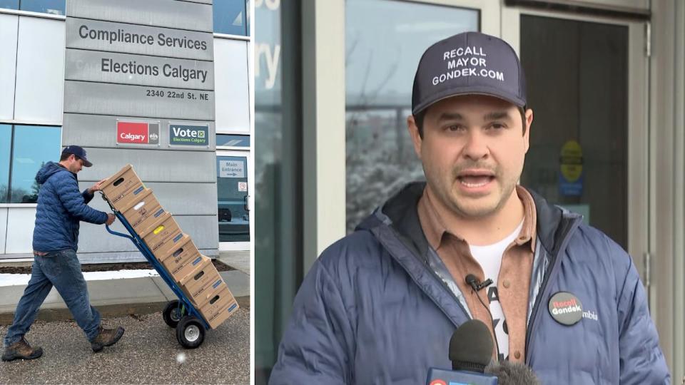 Landon Johnston, the Calgarian business owner who launched the petition against Mayor Jyoti Gondek, handed in boxes of signatures on Thursday. Johnston says he counted 71,217 signatures total.
