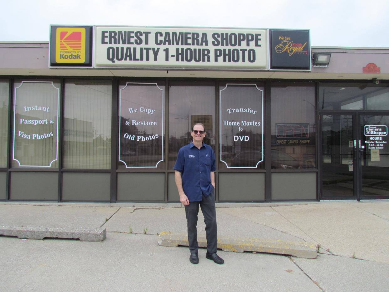 Terry Ernest in front of Ernest Camera Shoppe on Sept. 7, 2023. The business will be closing on Sept. 29.