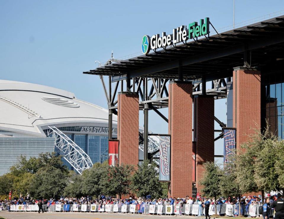Fans lined the south side of Globe Life Field to AT&T Stadium during the Texas Rangers World Series Parade in Arlington, Texas, Friday, Nov. 03, 2023. (Special to the Star-Telegram Bob Booth)