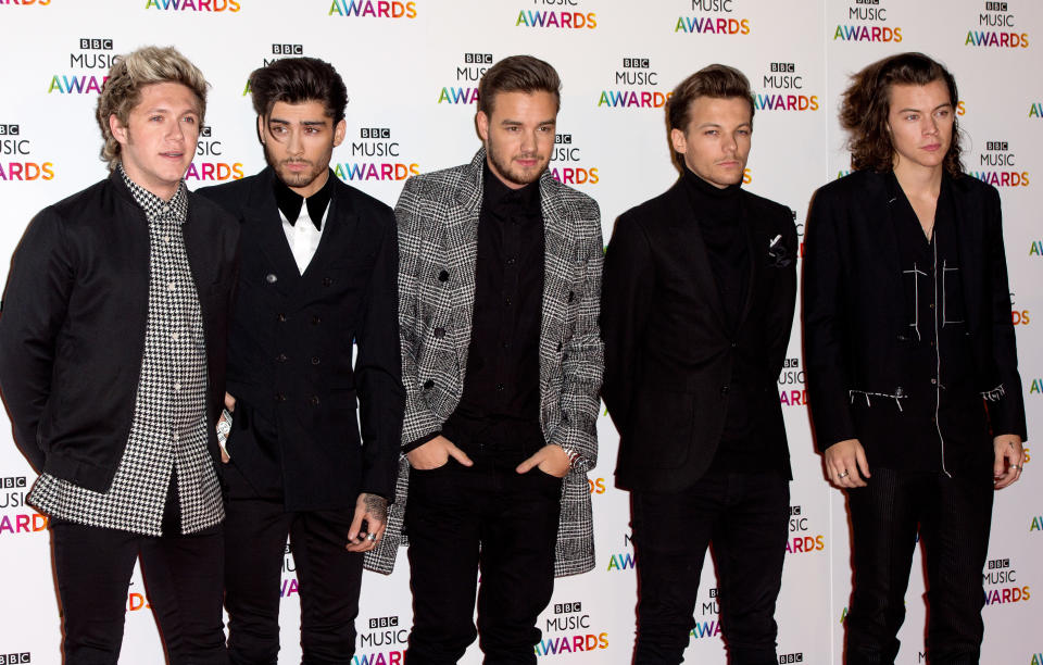 Niall Horan, Zayn Malik, Liam Payne, Louis Tomlinson and Harry Styles of One Direction arriving at the BBC Music Awards at Earls Court Arena in London (Photo by Zak Hussein/Corbis via Getty Images)