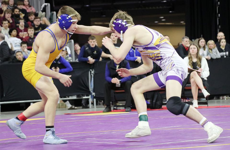 Rayden Zens of Aberdeen and Sloan Johannsen of Watertown squared off for the Class A boys' 126-pound championship in the South Dakota State Individual Wrestling Tournament on Saturday, Feb. 24, 2024 at the Denny Sanford PREMIER Center in Sioux Falls. Zens halted Johannsen's bid for a fourth state title with a 5-2 win. Johannsen finished his career with 181-3 record. All three losses came to Zens.