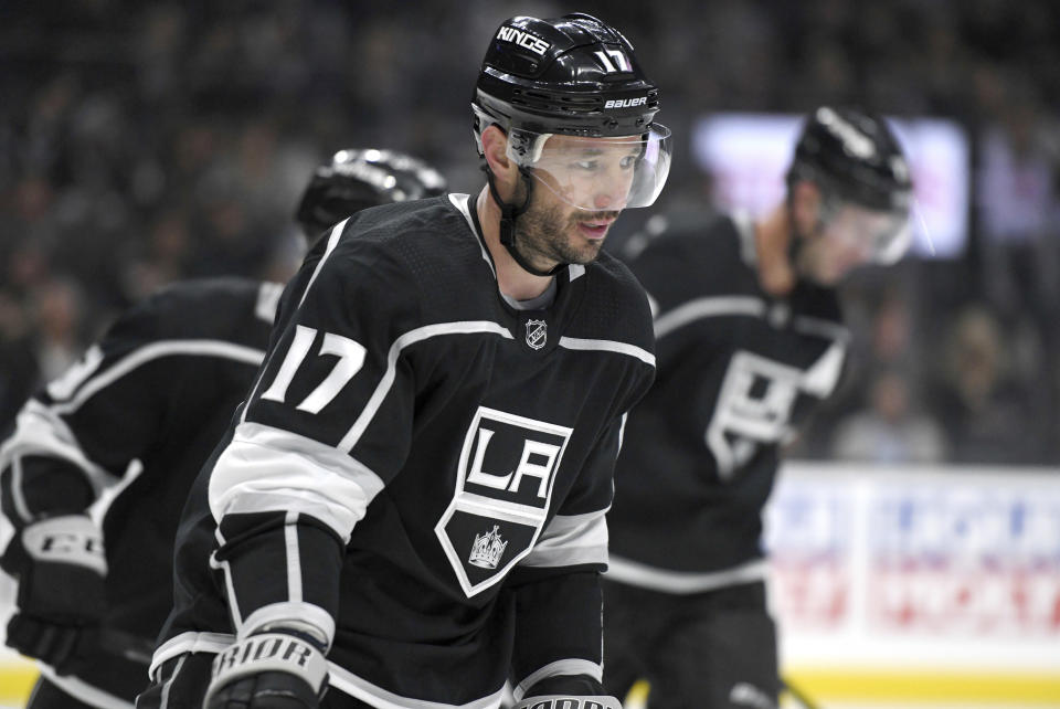 FILE - In this Thursday, Sept. 20, 2018, file photo, Los Angeles Kings left wing Ilya Kovalchuk, of Russia, center, skates during a break in a preseason NHL hockey game against the Vegas Golden Knights in Los Angeles. Kovalchuk is back in the NHL for the first time since 2013. He is being counted on to inject more scoring to a Kings team that has lacked offensive punch in recent seasons. (AP Photo/Michael Owen Baker, File)