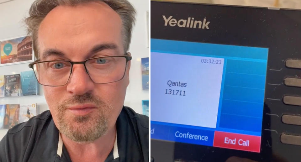 Left: A selfie of travel Agent David Van der Meer and on the right he shared an image of his telephone with a 3 hour 32 minute hold time.