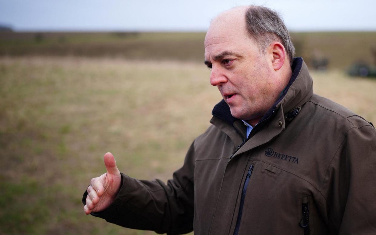 Ben Wallace spoke to reporters on Salisbury Plain, where Ukrainian recruits are being trained by British and Australian troops - Ben Birchall/Pool/AFP via Getty Images