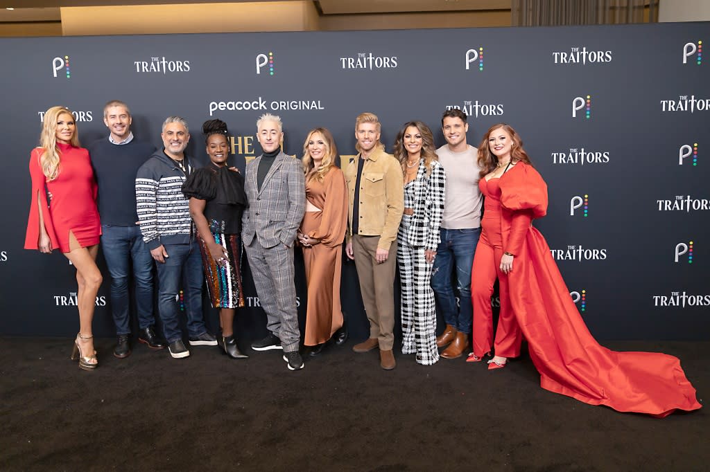 NEW YORK, NEW YORK - DECEMBER 14: Brandi Glanville, Arie Luyendyk Jr., Reza Farahan, Cirie Fields, Alan Cumming, Kate Chastain, Kyle Cooke, Stephenie LaGrossa Kendrick, Cody Calafiore, and Rachel Reilly attend Peacock's "The Traitors" New York Press Junket at NBCUniversal Headquarters on December 14, 2022 in New York City. (Photo by Joy Malone/Getty Images)