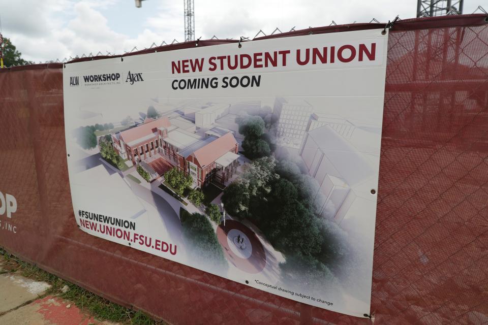 Crews continue construction on the new Florida State University Student Union at the corner of West Tennessee and North Woodward Avenue Friday, July 19, 2019. 