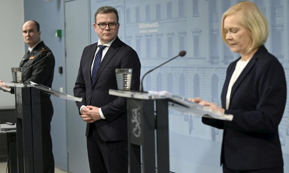 From left: Maj Gen Matti Sarasmaa of the border guard, Prime Minister Petteri Orpo, and Finland’s interior minister Mari Rantanen