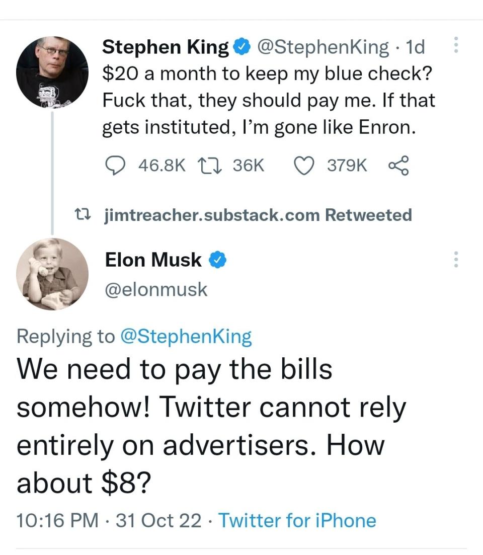 馬斯克（Elon Musk）與美國知名作家史蒂芬·金（Stephen King）在網路上筆戰。   圖：翻攝自推特