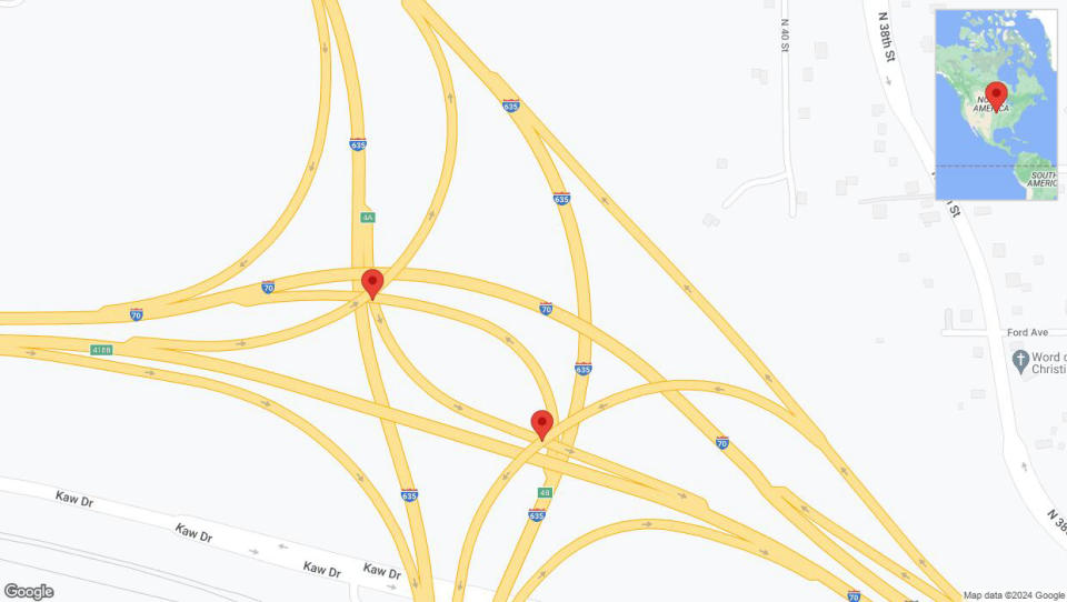 A detailed map that shows the affected road due to 'Harry Darby Memorial Highway temporarily closed in Kansas City' on May 8th at 1:45 p.m.