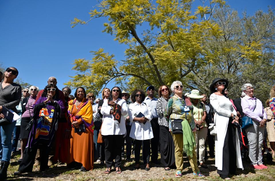 Attendees gathered around for the new historical marker unveiling at Sarasota's Unitarian Universalist Church Saturday afternoon, Feb. 24, 2024.