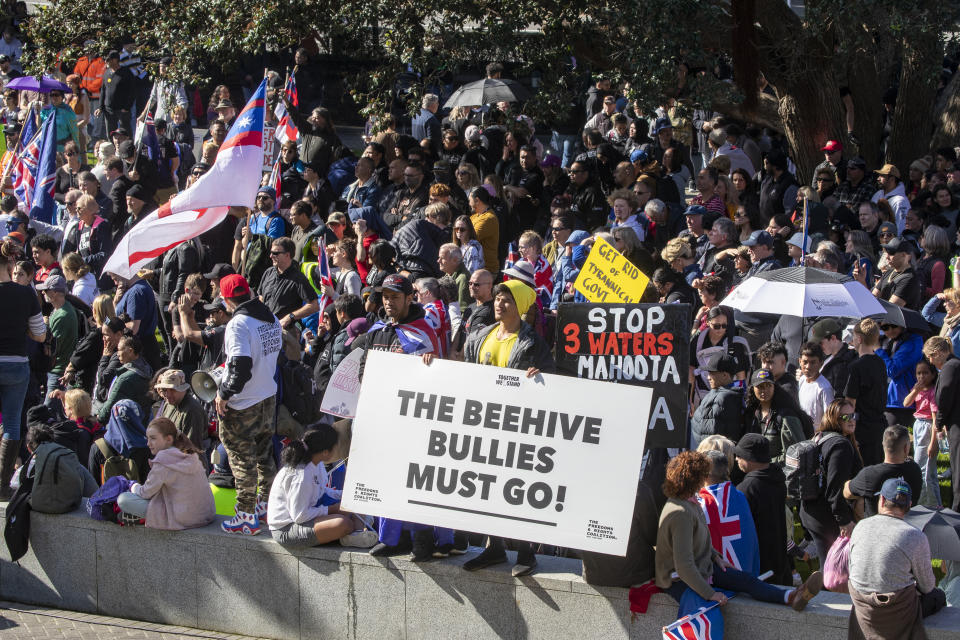 Freedom and Rights Coalition protesters demonstrate outside Parliament in Wellington, New Zealand, Tuesday, Aug. 23, 2022. About 2,000 protesters upset with the government's pandemic response converged on New Zealand's Parliament — but it appeared there would be no repeat of the action six months ago in which protesters camped out on Parliament grounds for more than three weeks. (Mark Mitchell/New Zealand Herald via AP)