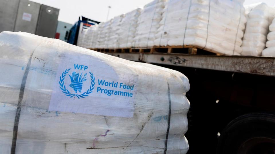 PHOTO: Humanitarian aid supplies from the United Nations World Food Program at the Kerem Shalom border crossing to the Gaza Strip on the Israeli side on March 26, 2024. (Christoph Soeder/Picture-Alliance/DPA/AP, FILE)