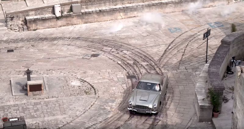 FILE PHOTO: An Aston Martin DB5 is seen during a car chase on the set of the new James Bond movie 'No Time to Die' in Matera