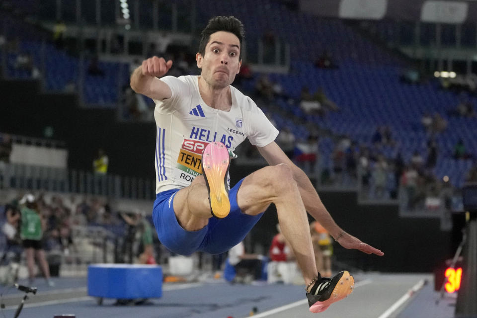 Miltiadis Tentoglou, of Greece, makes an attempt in the men's long jump final at the the European Athletics Championships in Rome, Saturday, June 8, 2024. (AP Photo/Gregorio Borgia)