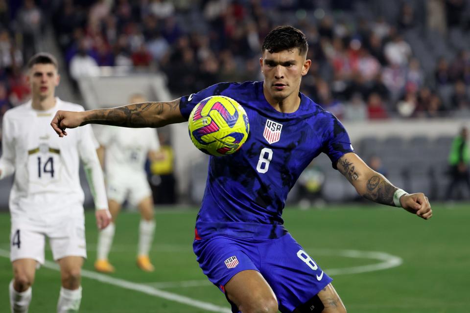 USA forward Brandon Vazquez (8) controls the ball during the second half against Serbia at BMO Stadium in Los Angeles on Jan. 25, 2023.