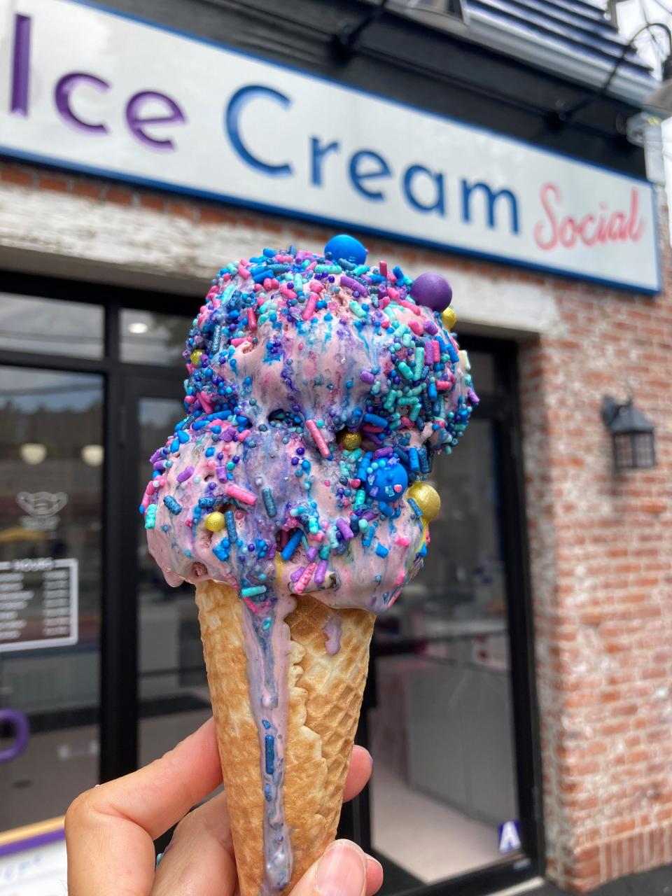 Black raspberry chip with signature sprinkles at Ice Cream Social in White Plains. The ice cream shop, owned by two White Plains natives, opened July 5, 2021. Photographed July 14, 2021.
