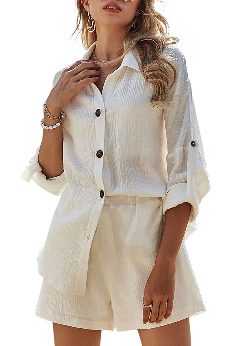 6) Linen Button Down Shirt and Shorts Set