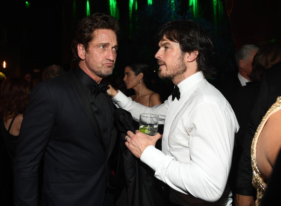 Gerard Butler and Ian Somerhalder may be in deep in discussion about how to really achieve that perfect five o'clock shadow at the <em>Vanity Fair </em>party.