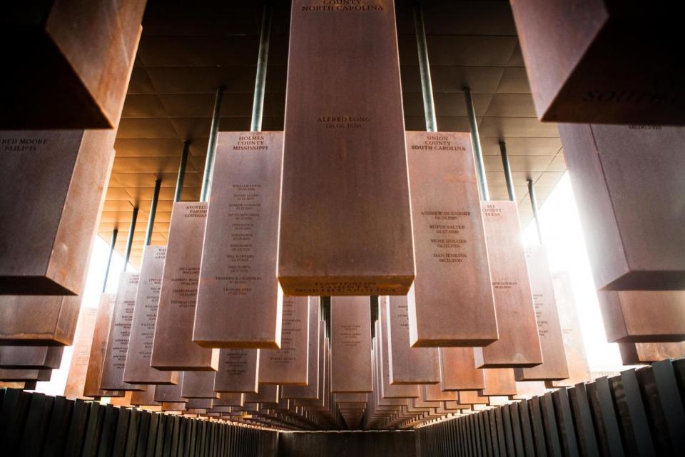 The blocks bear the names of more than 4,000 victims (Legacy Museum)