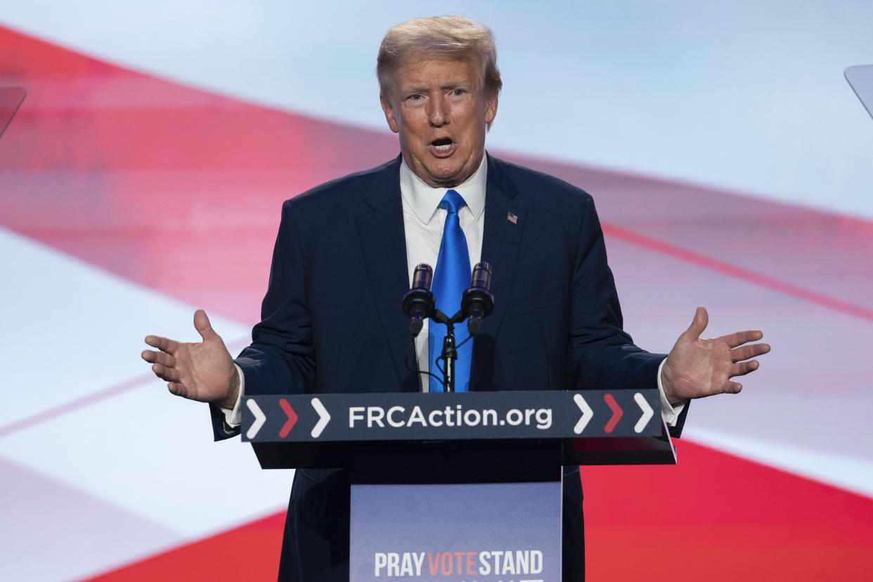 Former President Donald Trump speaks at the Pray Vote Stand Summit, Friday, Sept. 15, 2023,, in Washington.(AP Photo/Jose Luis Magana)