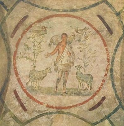 ‘The Good Shepherd.’ <a href="https://commons.wikimedia.org/wiki/File:Good_Shepherd_Catacomb_of_Priscilla.jpg" rel="nofollow noopener" target="_blank" data-ylk="slk:Joseph Wilpert;elm:context_link;itc:0;sec:content-canvas" class="link ">Joseph Wilpert</a>