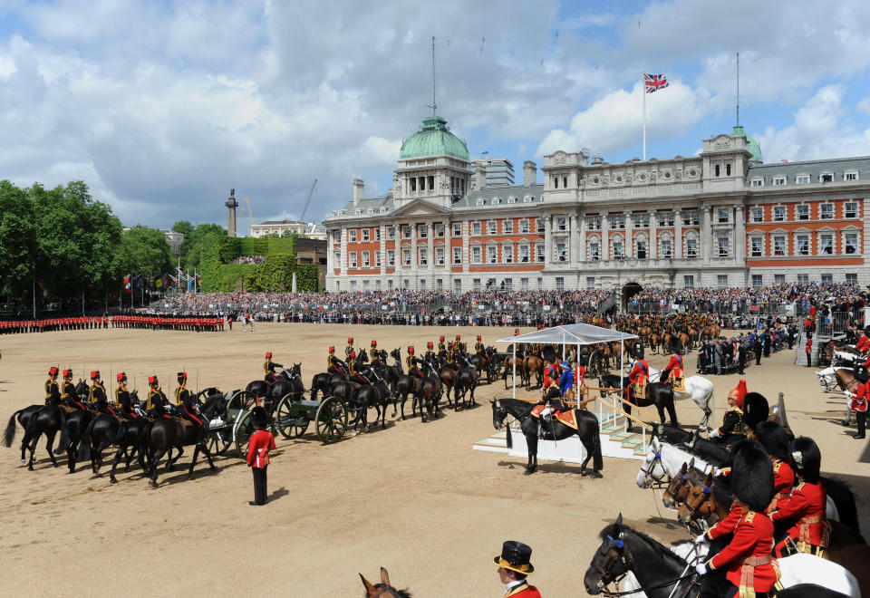 Queen Elizabeth II inspects the Household Cavalry during the Colour at Horse Guards Parade, London.   (Photo by Anthony Devlin/PA Images via Getty Images)